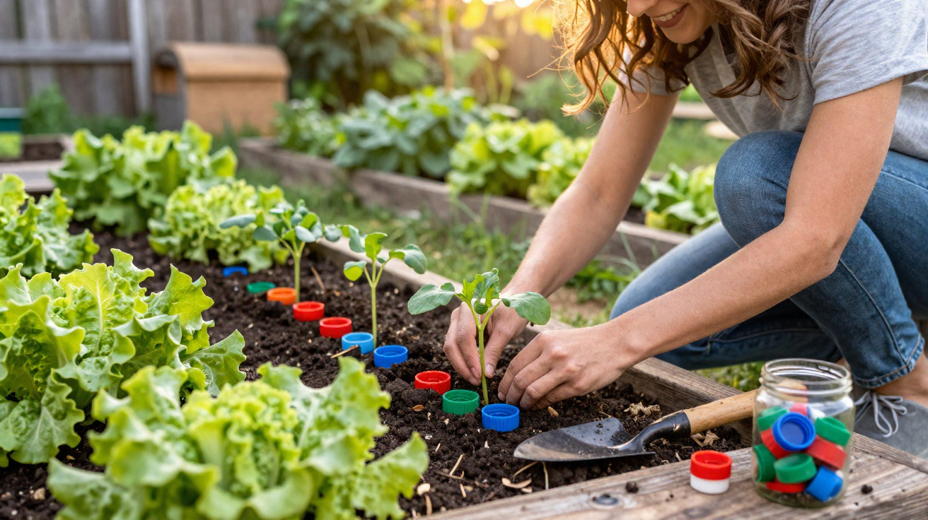 Frau pflanzt Setzlinge im Gartenbeet, umgeben von grünem Salat und bunten Flaschendeckeln.