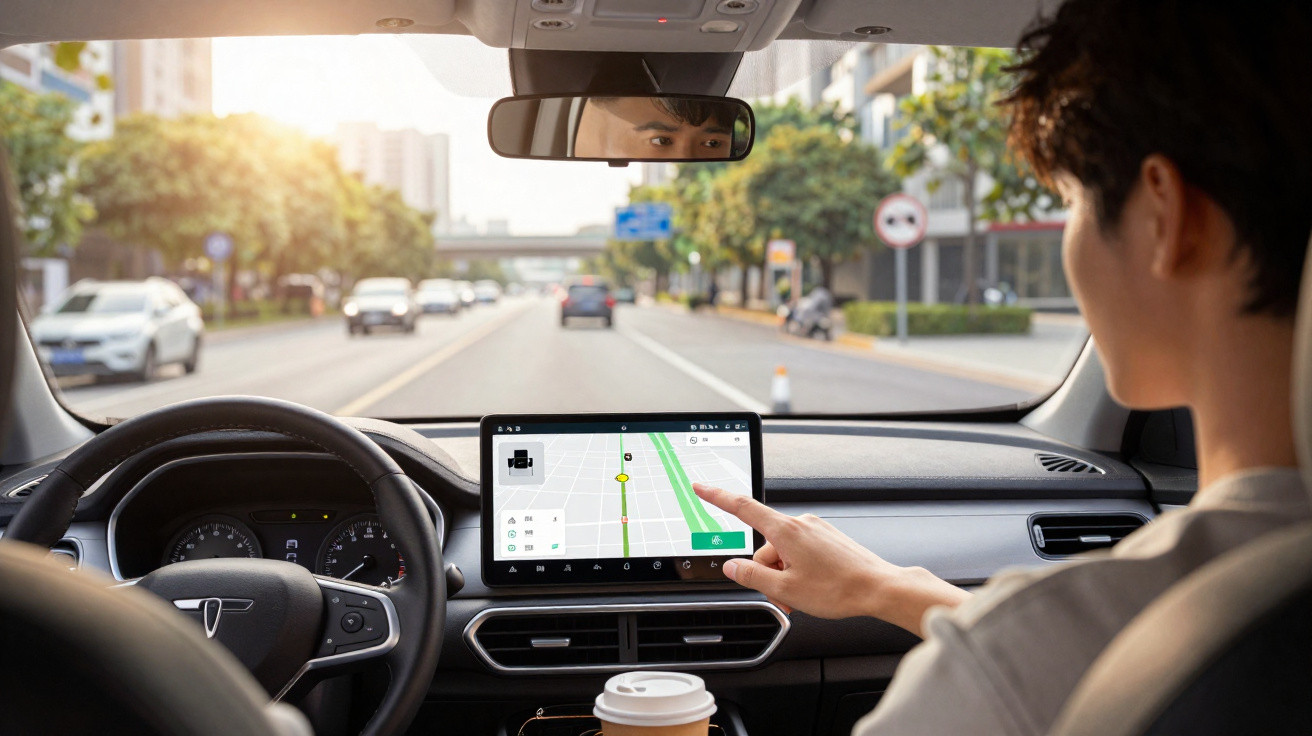 Frau bedient Navigationssystem im Auto während sie in der Stadtstraße fährt.