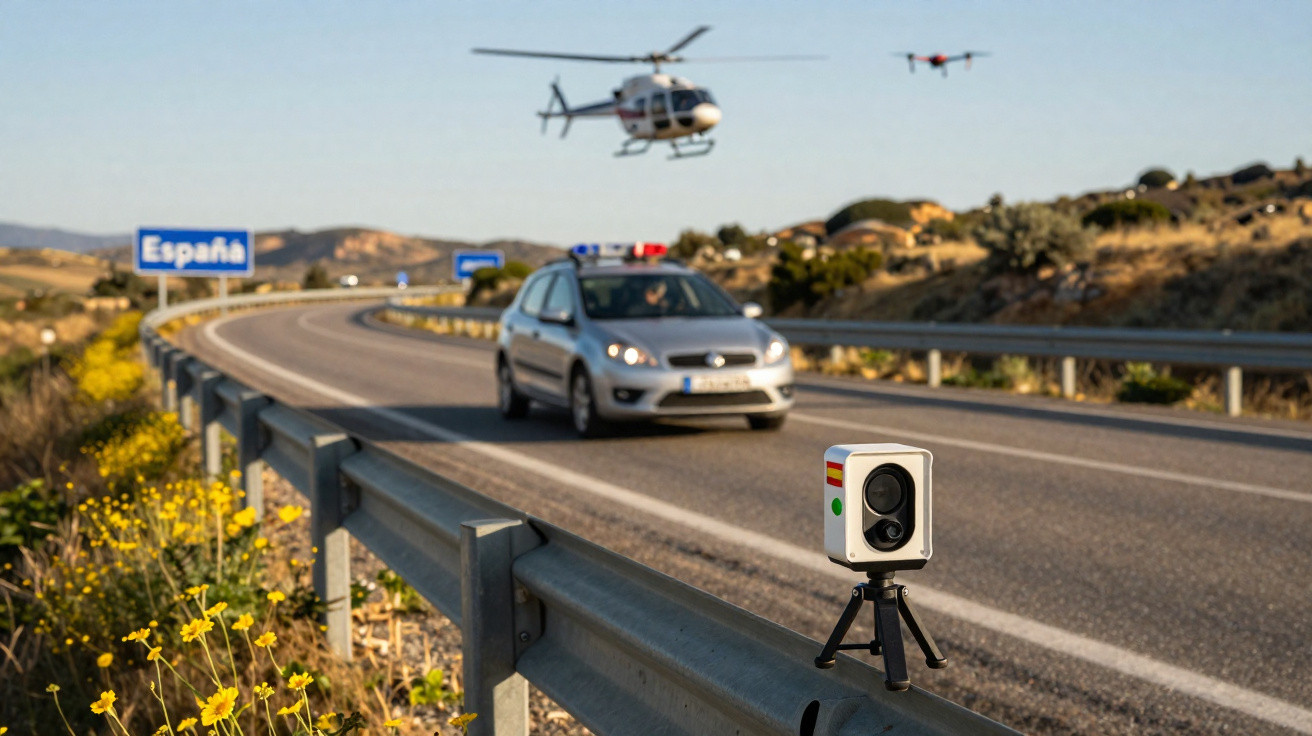 Blitzer an Landstraße mit Polizeiauto, Hubschrauber und Drohne nahe einem Spanien-Grenzschild.
