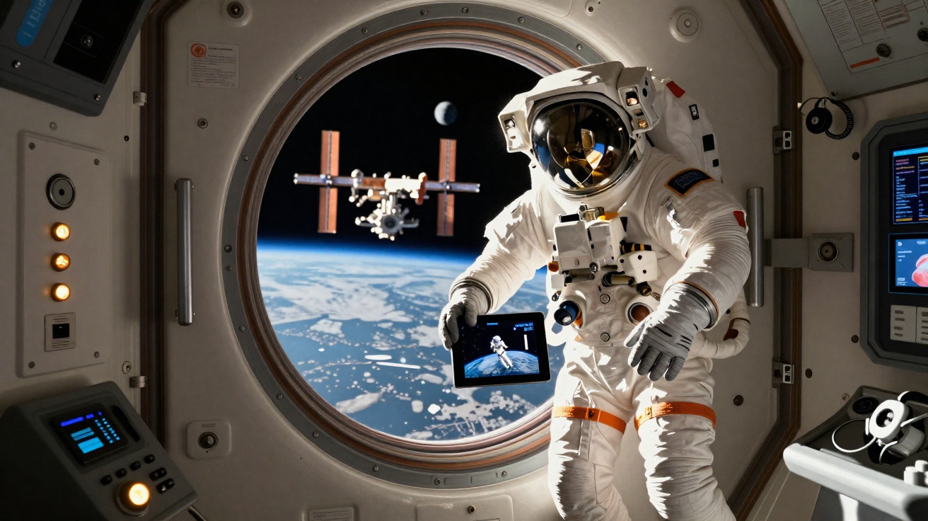 Astronaut im Raumanzug mit Tablet vor großer Fensteröffnung, Blick auf Erde und Raumstation im All.