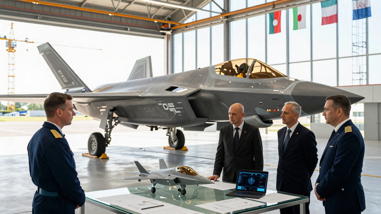Vier Männer in Anzügen und Uniformen stehen vor einem Kampfjet und einem Modellflugzeug in einer Flugzeughalle.
