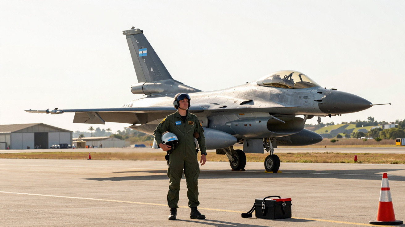 Pilot in grünem Fluganzug steht neben einem Militärjet F-16 auf Flugplatz bei klarem Himmel