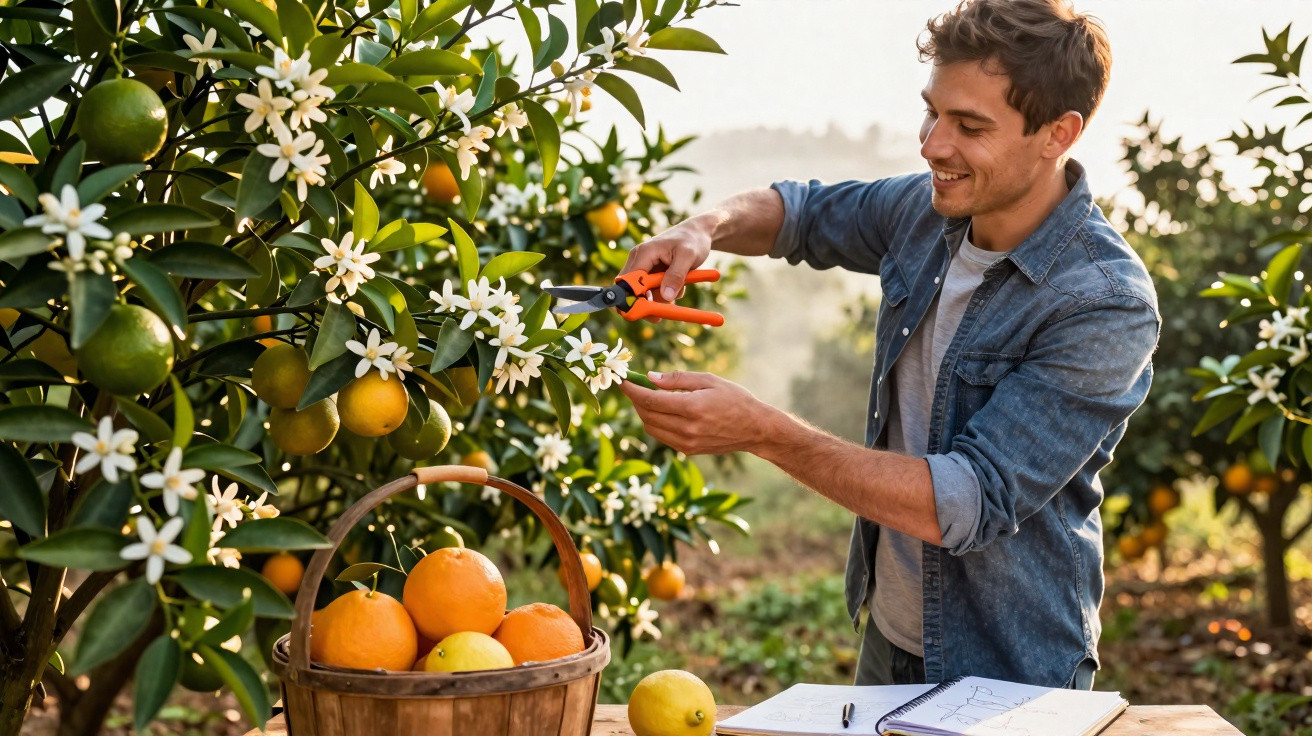 Junger Mann schneidet Orangenblüten in einem blühenden Orangenhain bei Sonnenlicht ab.
