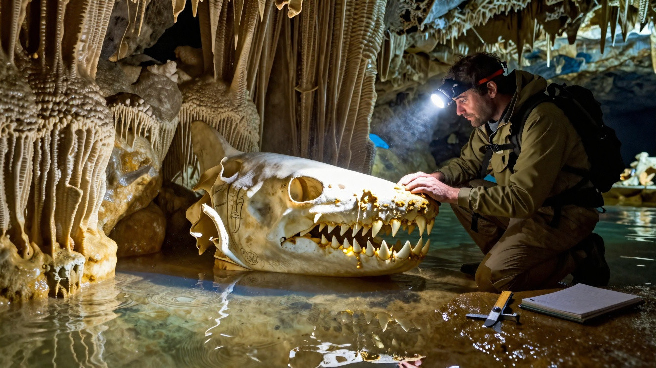 Höhlenforscher untersucht mit Stirnlampe einen großen tierischen Schädel in einer Tropfsteinhöhle.