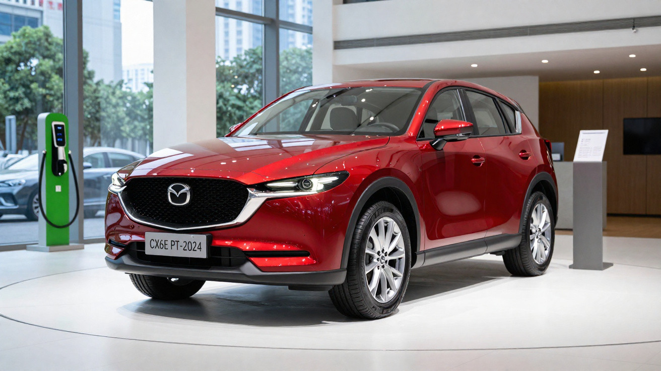 Roter Mazda CX-5 SUV im Ausstellungsraum mit Elektroladestation im Hintergrund.