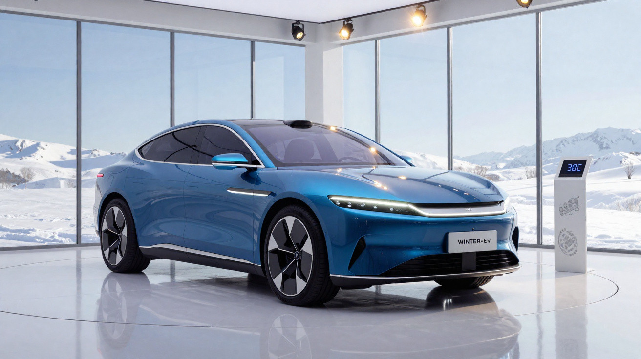 Blaues Elektroauto WINTER-EV in modernem Ausstellungsraum mit großen Fenstern und verschneiter Berglandschaft draußen