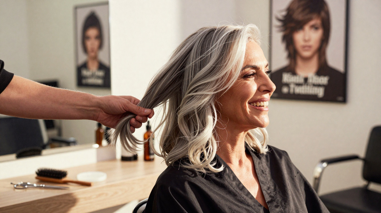 Ältere Frau mit grauen Haaren lächelt im Friseursalon, während eine Hand ihr Haar hält.