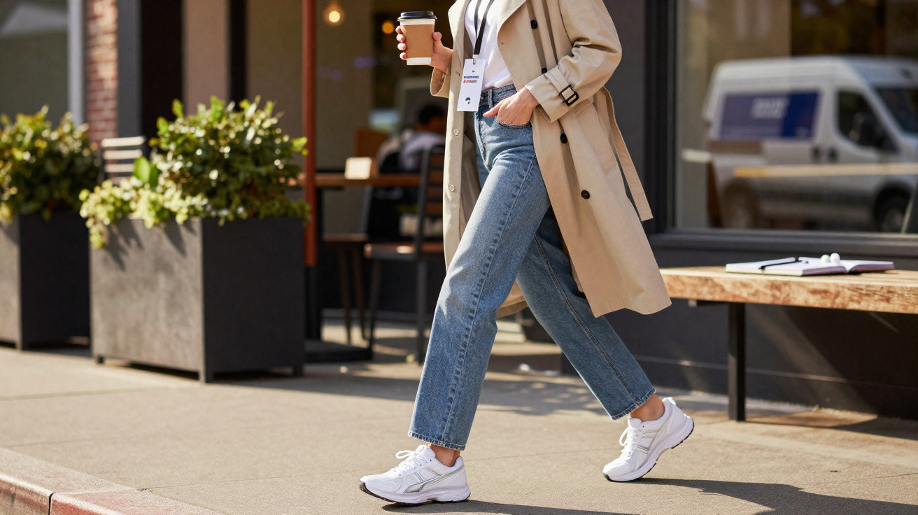 Frau in beigem Trenchcoat und Jeans geht mit Coffe-to-go-Becher auf der Straße vor Café entlang.