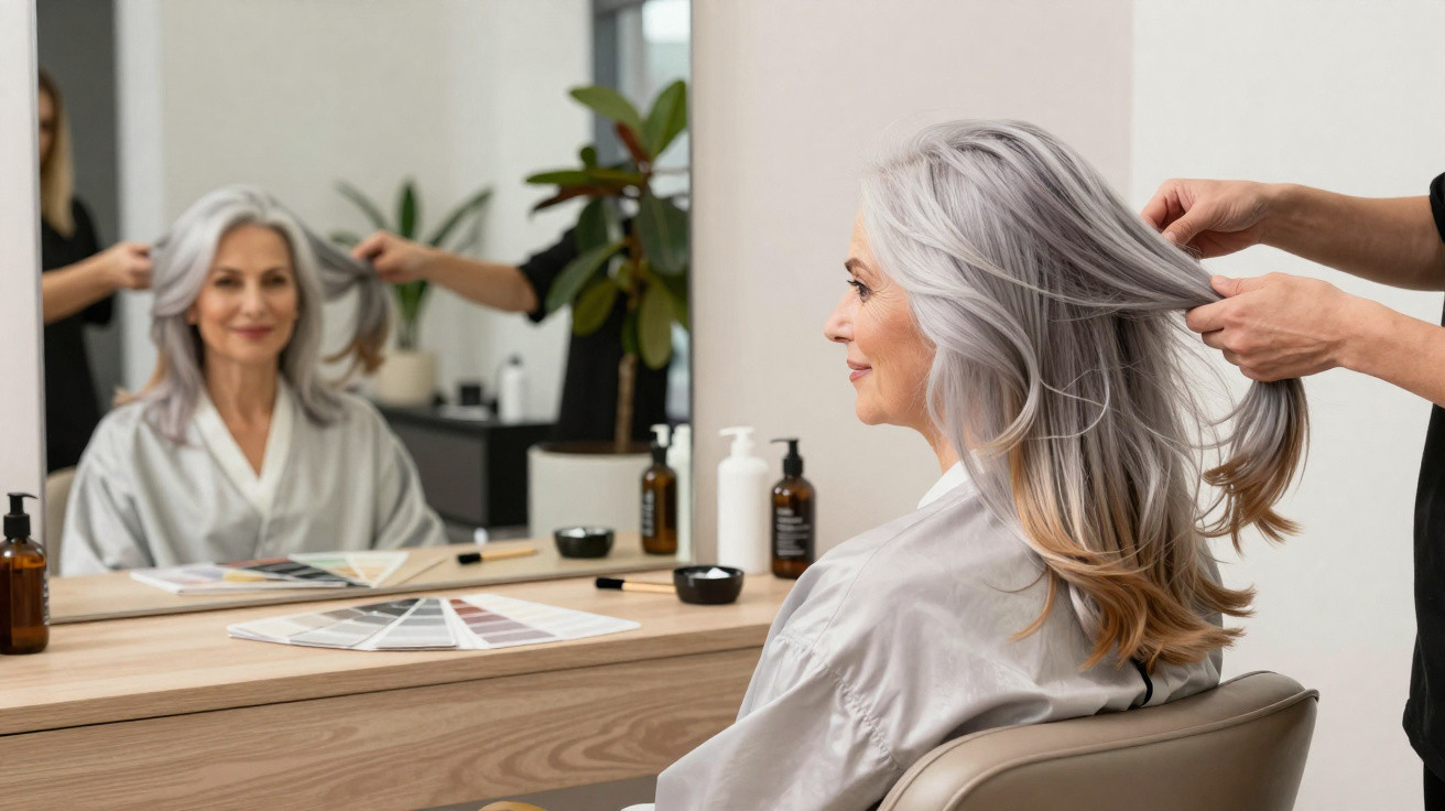 Ältere Frau mit silbernem Haar sitzt beim Friseur, während Stylistin ihr Haar berührt und Friseurtisch mit Pflegeprodukten si