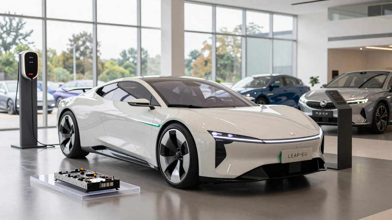 Weißes Elektro-Sportauto an Ladestation in modernem Autohaus mit großen Fenstern und weiteren Fahrzeugen.