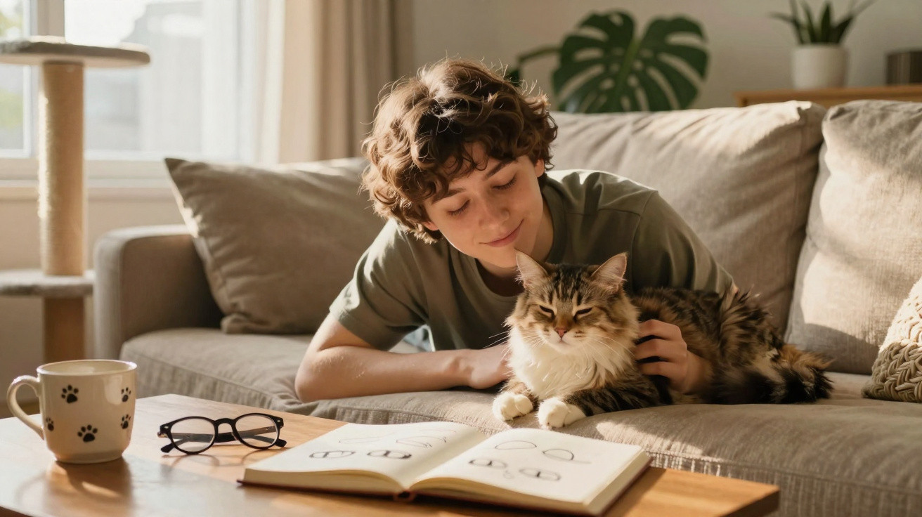 Junger Mann entspannt auf Sofa mit liegender Katze, offenem Buch und Brille auf dem Tisch.