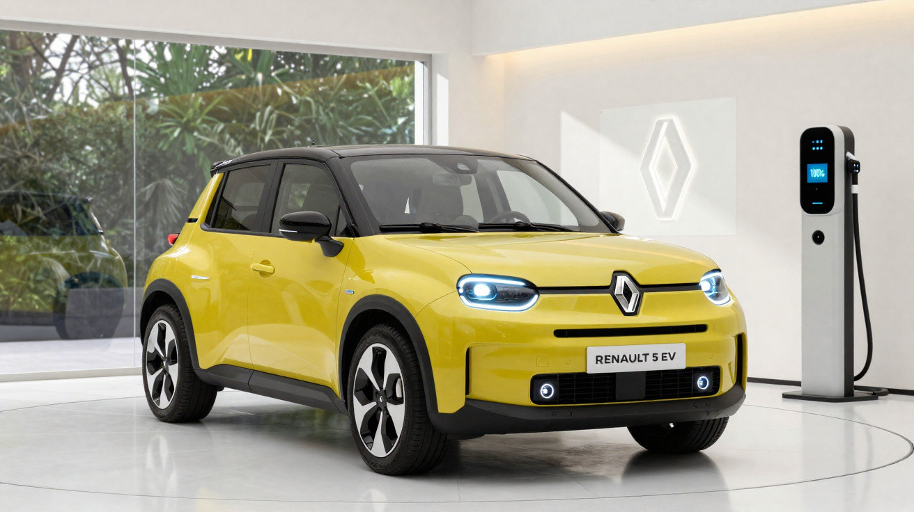Gelber Renault 5 EV Elektroauto im Showroom neben einer Ladestation, Blick schräg von vorne rechts.