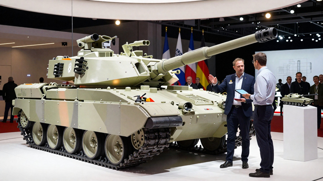 Moderner Militärpanzer in beigem Tarnmuster auf Ausstellung mit zwei diskutierenden Männern davor.