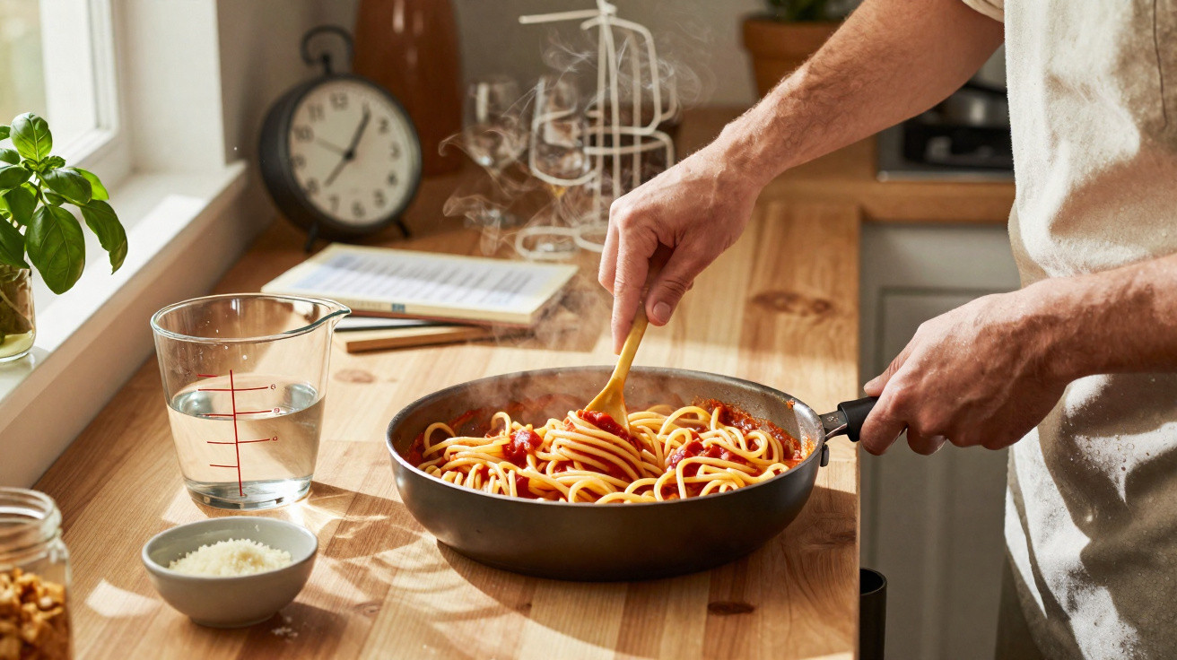 Person rührt dampfende Spaghetti in Pfanne auf hellem Holztresen in Küche um.