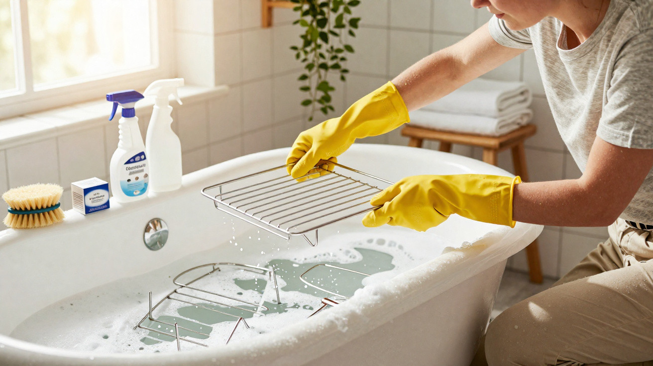 Person mit gelben Handschuhen reinigt Metallgitter im schaumigen Badewasser eines hellen Badezimmers.