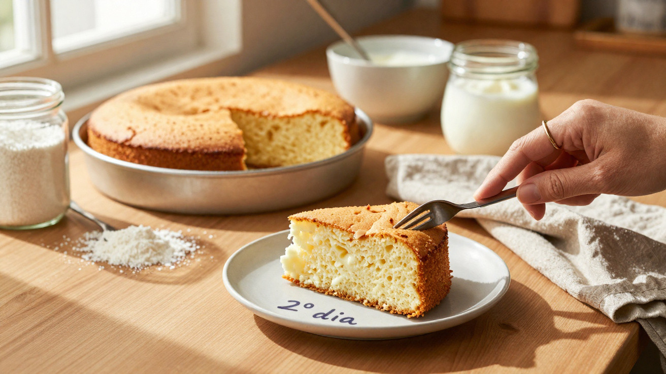 Stück luftiger Käsekuchen auf Teller mit Gabel, im Hintergrund Kuchenform und Gläser mit Zutaten auf Holz-Tisch.