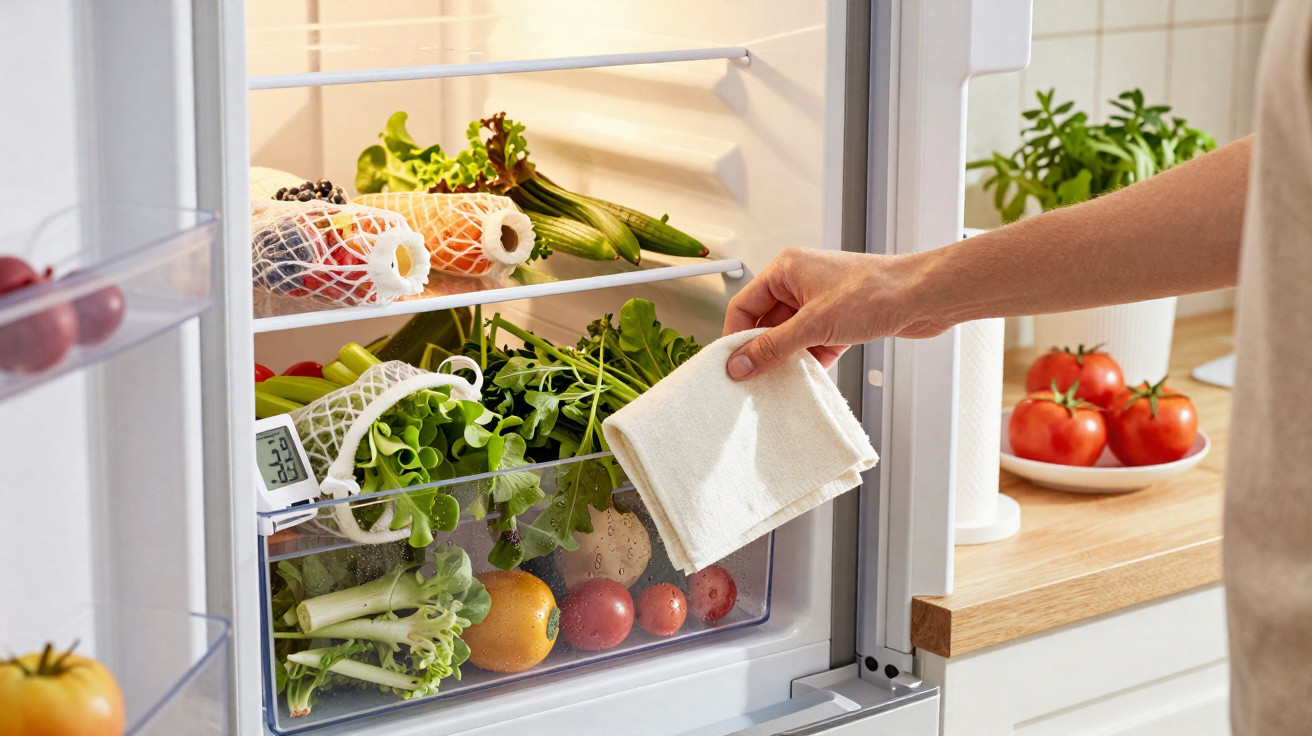 Hand wischt feuchtes Tuch in Kühlschrank mit frischem Gemüse und Salat bei 3,3°C Temperatur ab.