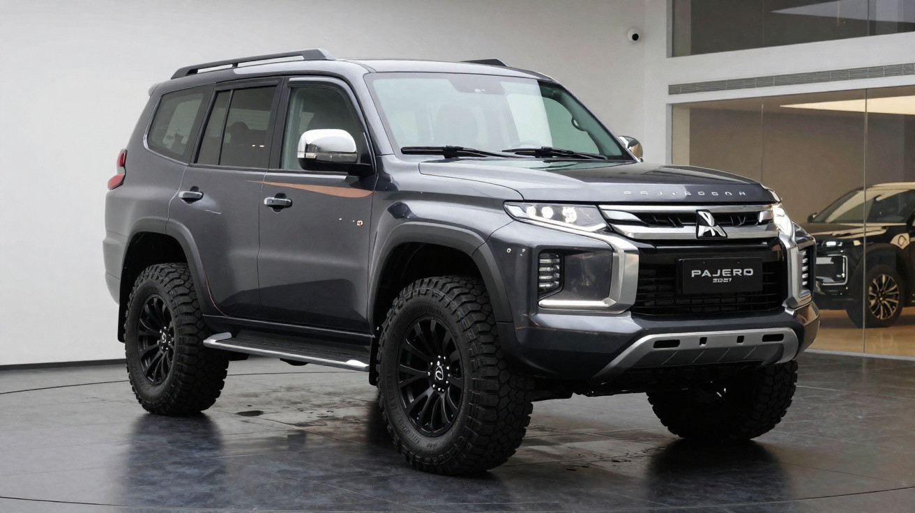 Grauer Mitsubishi Pajero 2023 SUV mit großen Offroad-Reifen in Innenraum-Ausstellungshalle.