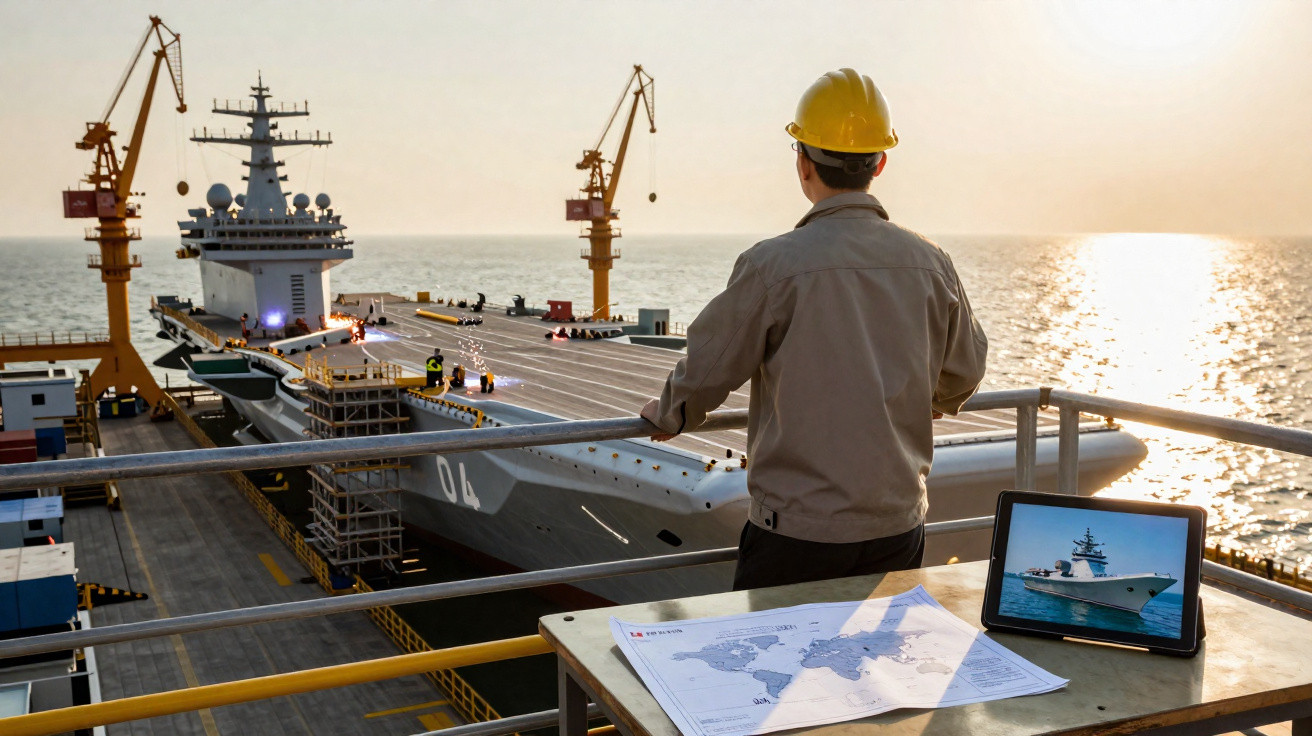 Ingenieur mit Helm überwacht Flugzeugträgerbau an Werft bei Sonnenuntergang, Pläne und Tablet auf Tisch.