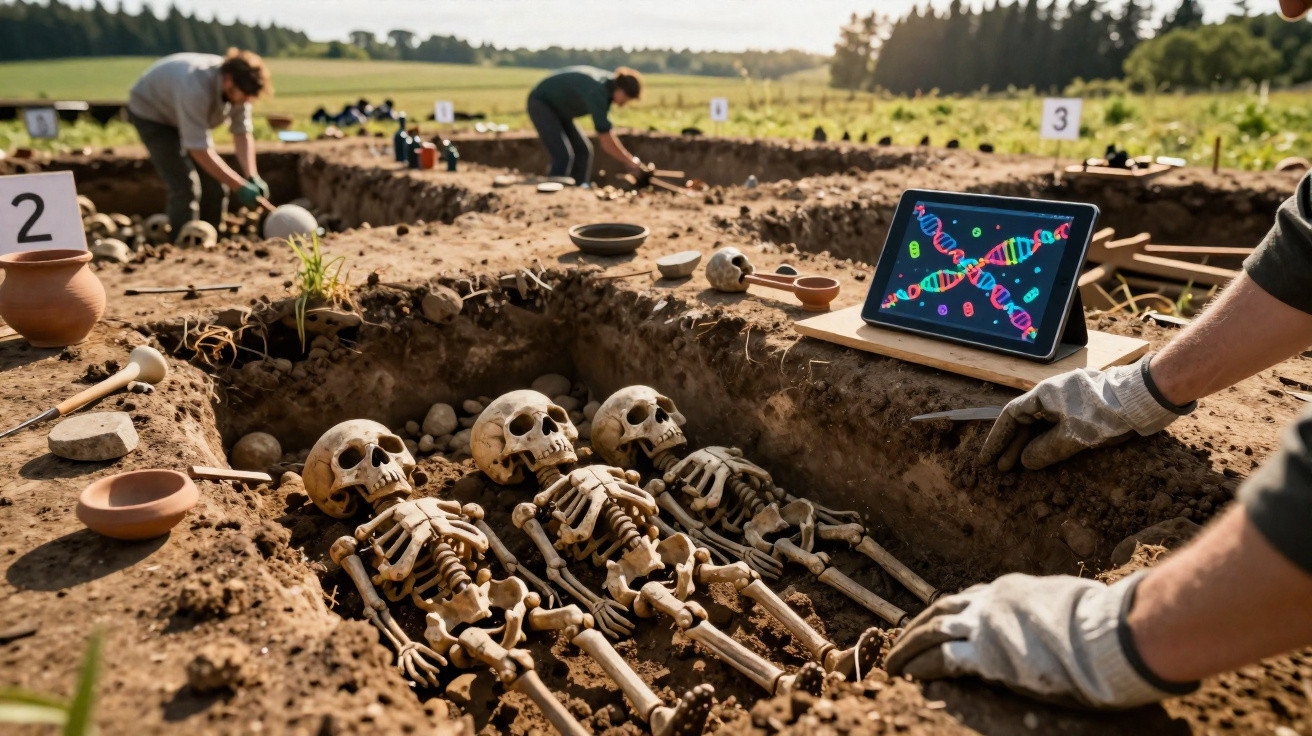 Archäologische Ausgrabung mit vier menschlichen Skeletten, Werkzeugen und DNA-Analyse auf Tablet im Freien.