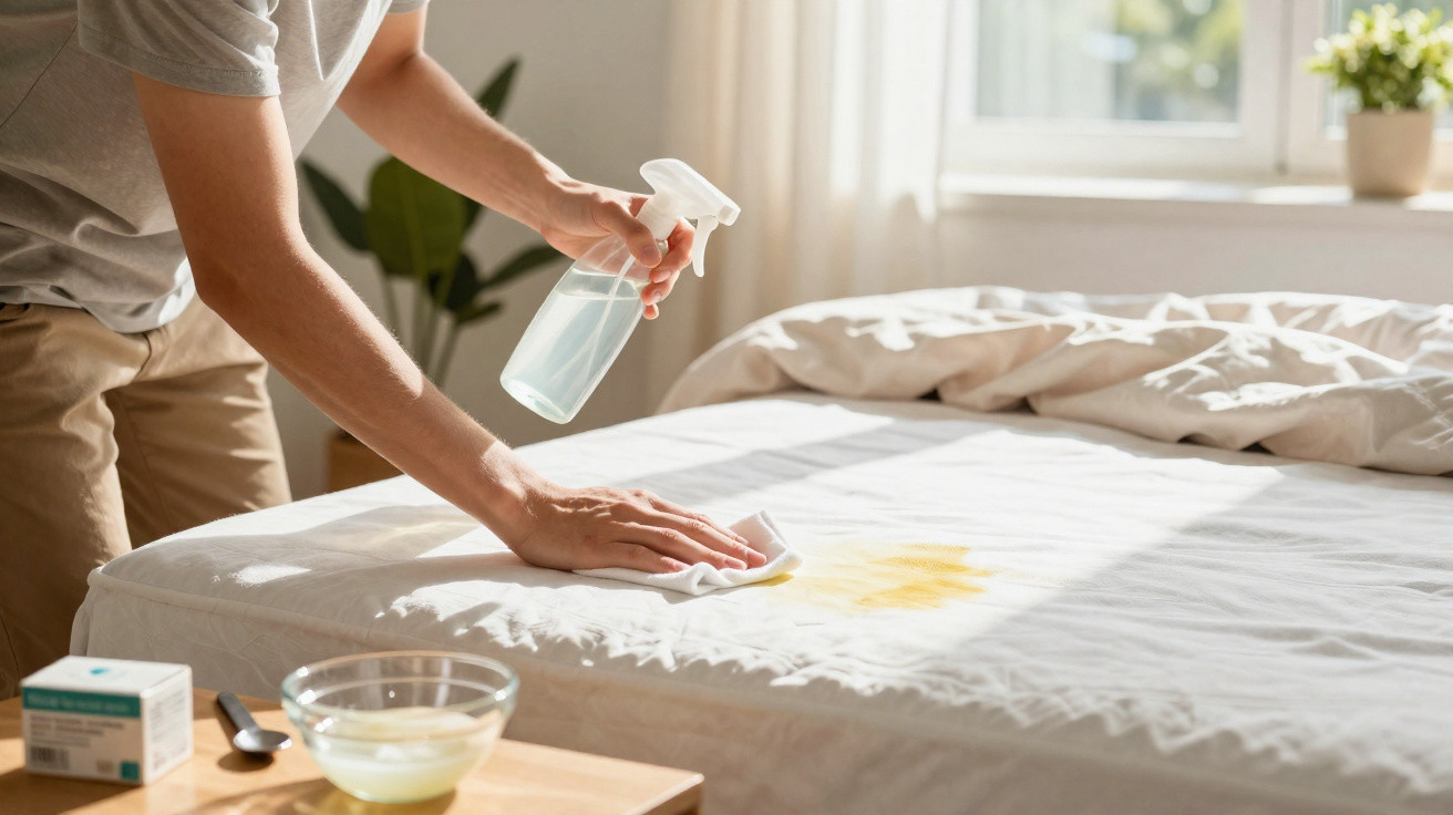 Person behandelt Fleck auf weißem Bettlaken mit Spray und Tuch in hellem Schlafzimmer.