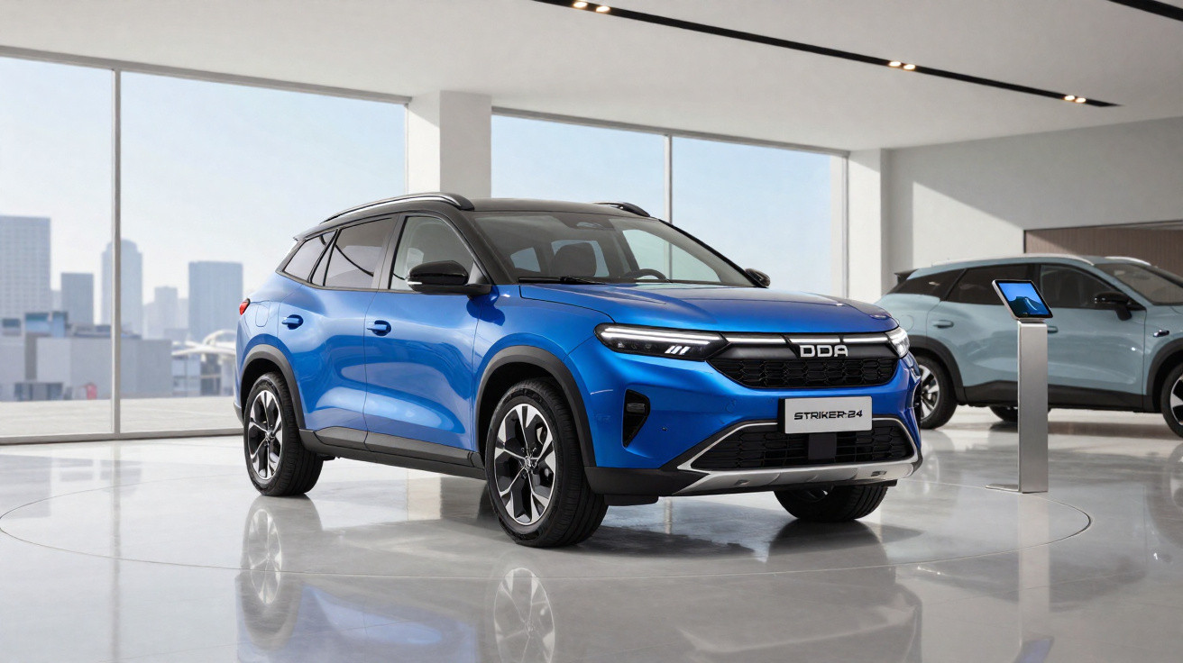 Blauer DDA Striker 24 SUV in modernem Showroom mit großen Fenstern und weiterer grauer SUV im Hintergrund.
