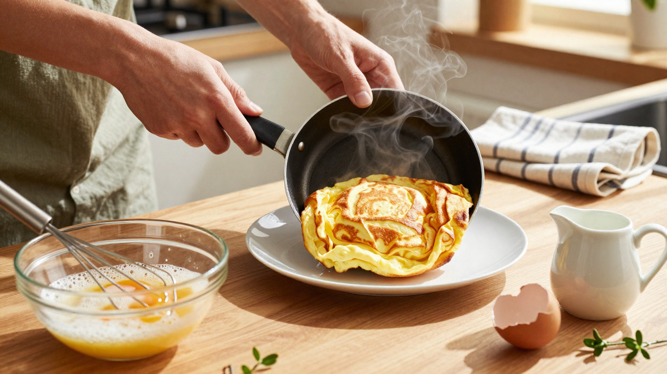 Person gibt frisch gebratenen, dampfenden Pfannkuchen aus Pfanne auf Teller in heller Küche.
