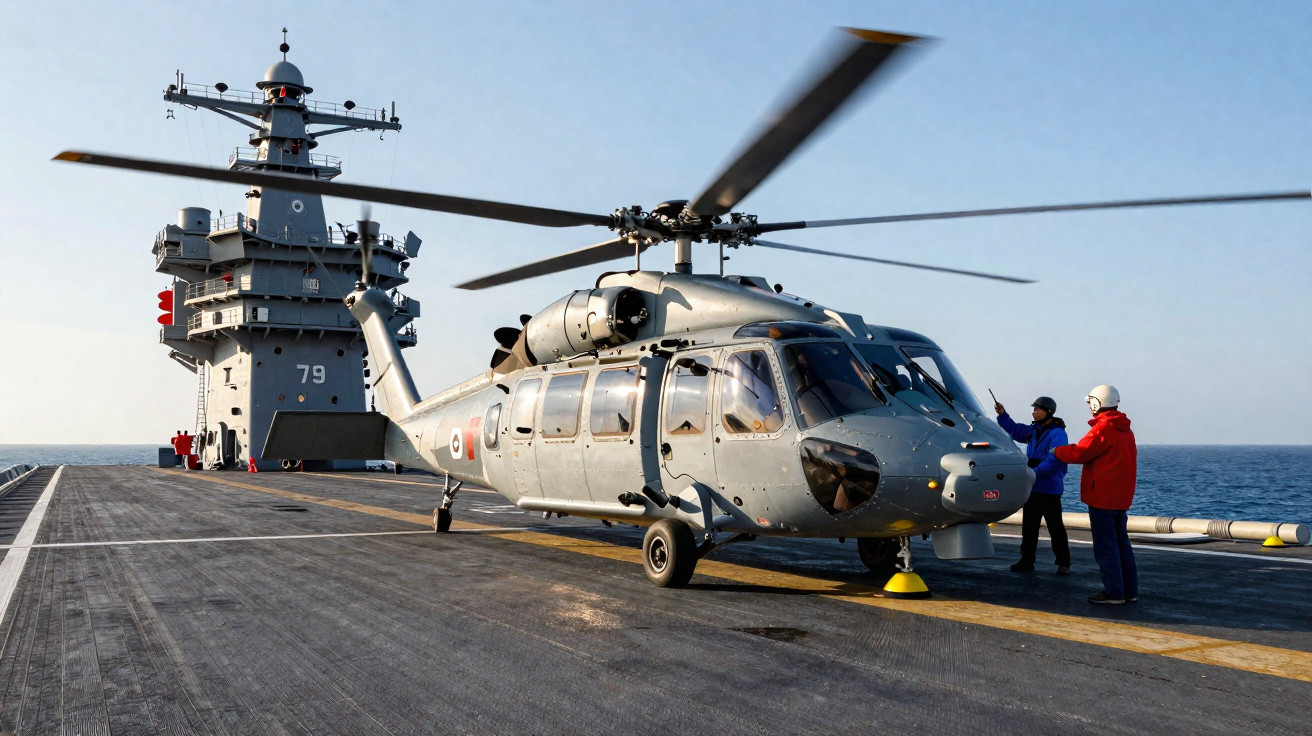 Militärhubschrauber auf Flugdeck eines Flugzeugträgers mit zwei Personen in Schutzkleidung daneben.