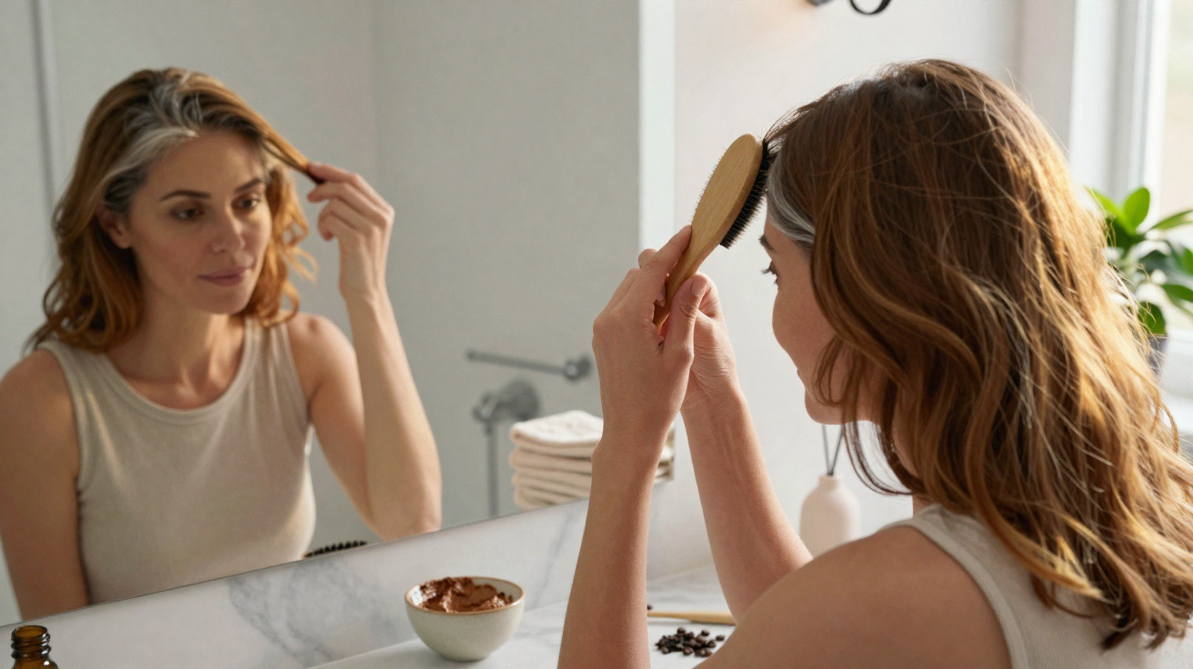 Frau kämmt sich vor Badezimmerspiegel die Haare, neben ihr steht eine Schüssel mit Produkt.