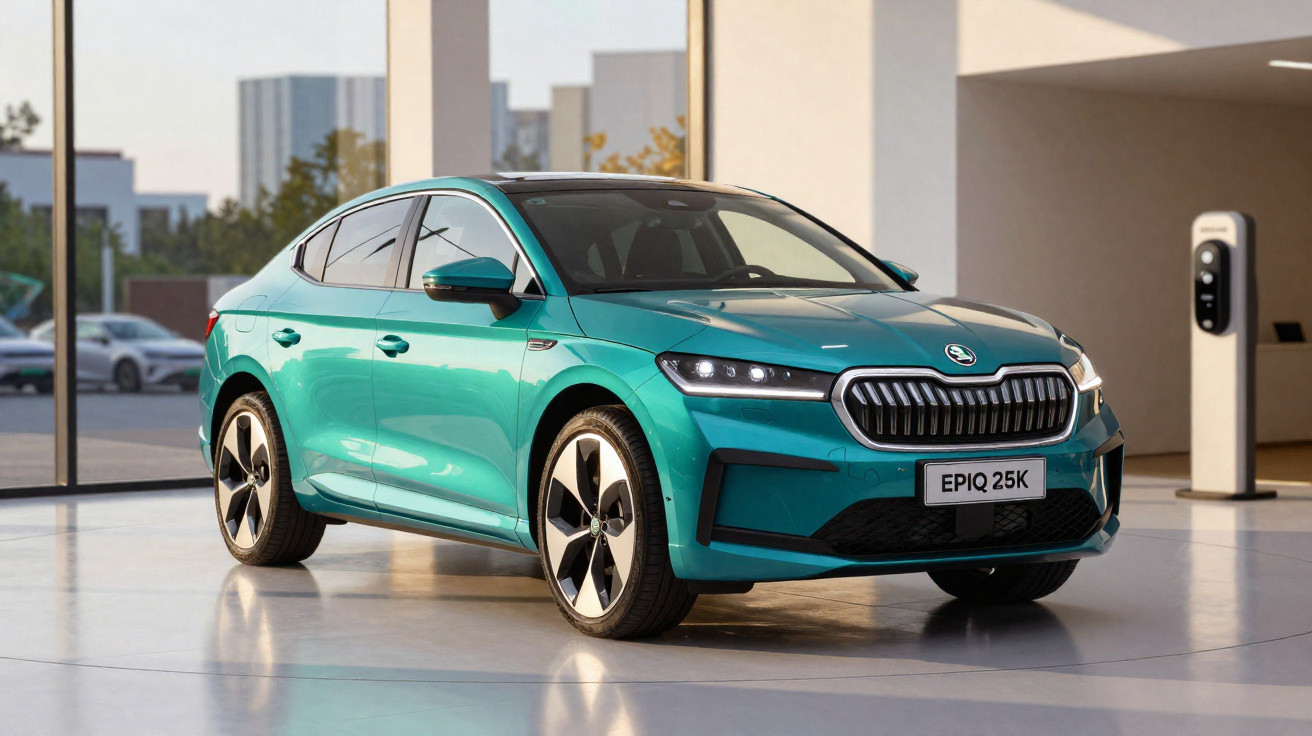 Grünes Škoda EPIQ 25K Elektroauto steht in modernem Raum mit Ladesäule im Hintergrund.