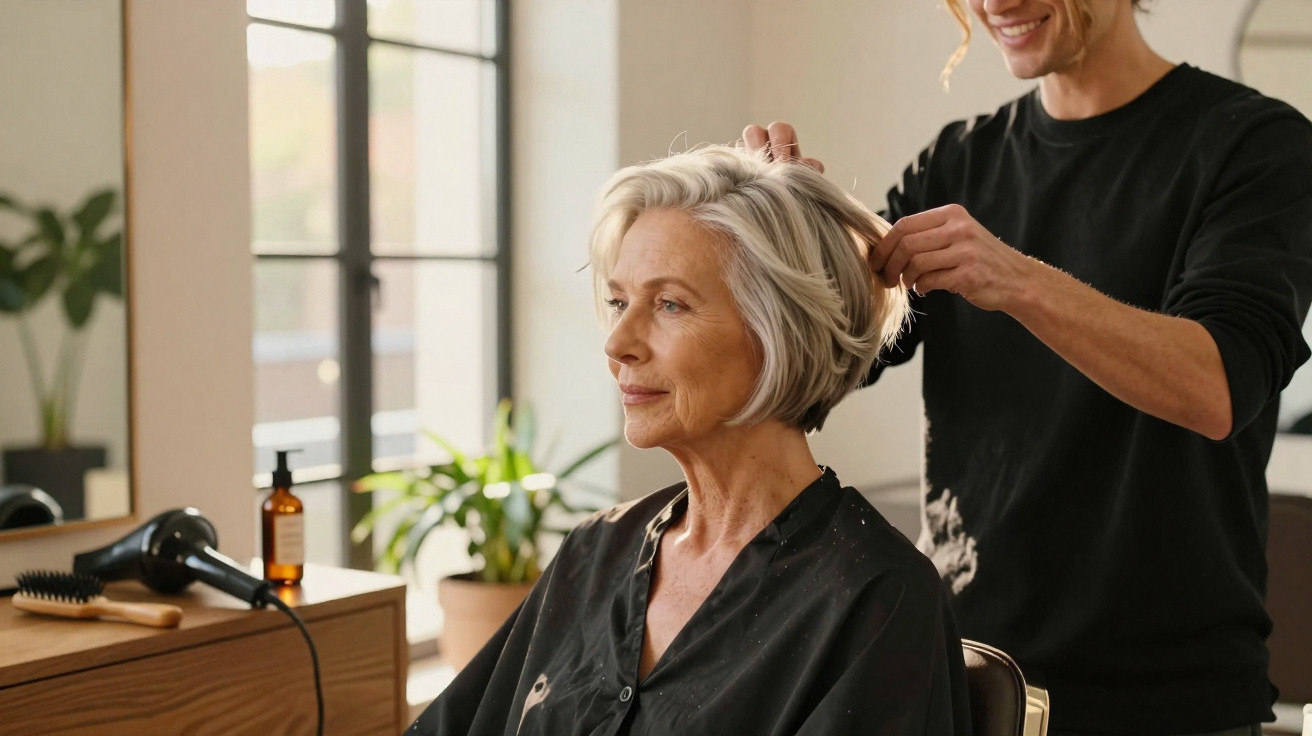 Ältere Frau sitzt entspannt im Friseursalon, während Friseur ihre Haare stylt.