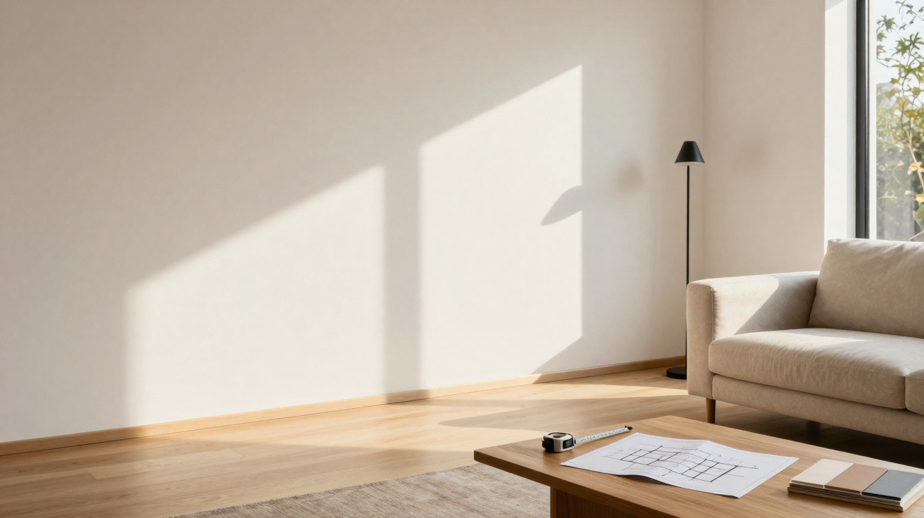 Helles Wohnzimmer mit Sofa, Stehlampe und Holztisch mit Bauplan und Farbmustern vor Fenster mit Sonnenlicht.