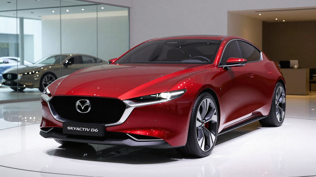 Roter Mazda Skyactiv D6 Sportwagen in moderner Ausstellung mit glänzendem Lack und futuristischem Design