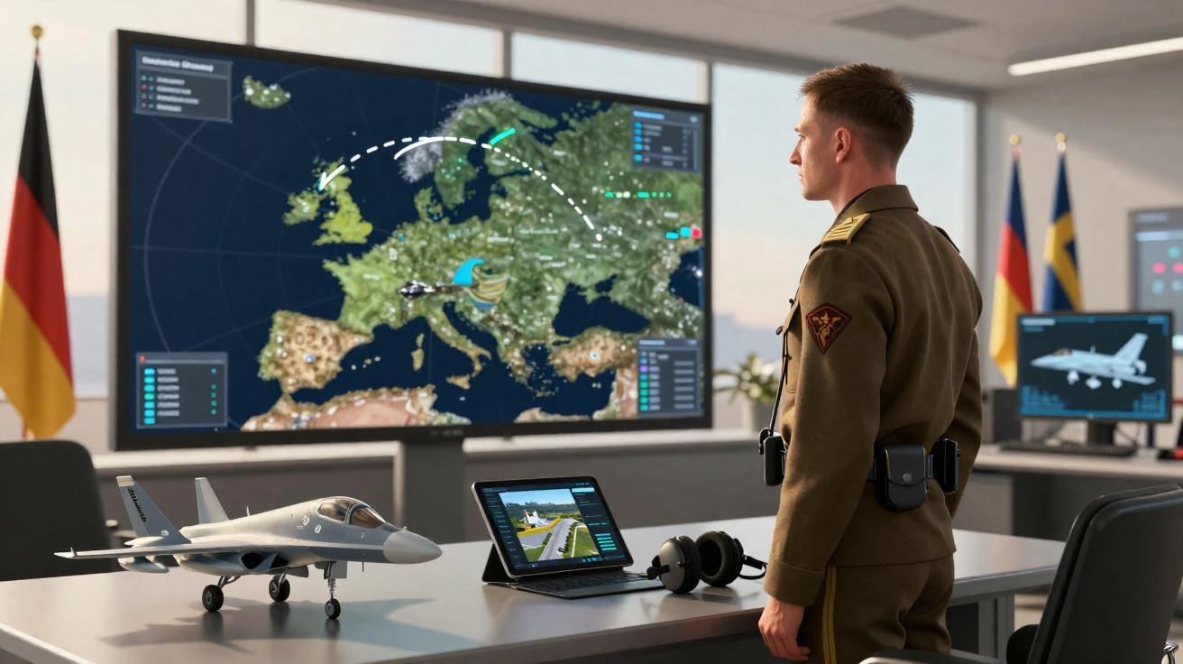 Militärangehöriger vor großem Bildschirm mit Europakarte und Modellkampfflugzeug im Kontrollraum.