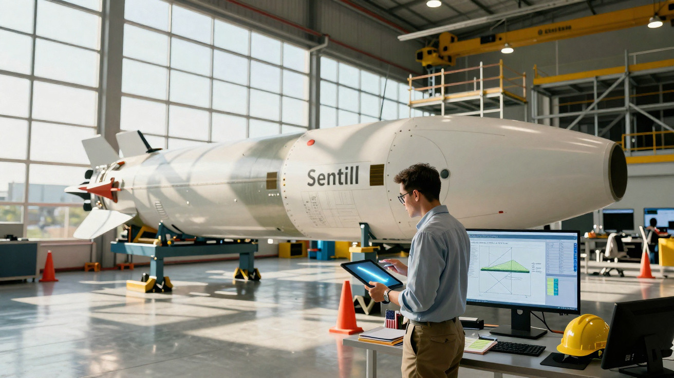 Ingenieur untersucht in moderner Werkhalle große Rakete mit Tablet und Computerbildschirm mit Diagramm im Hintergrund.