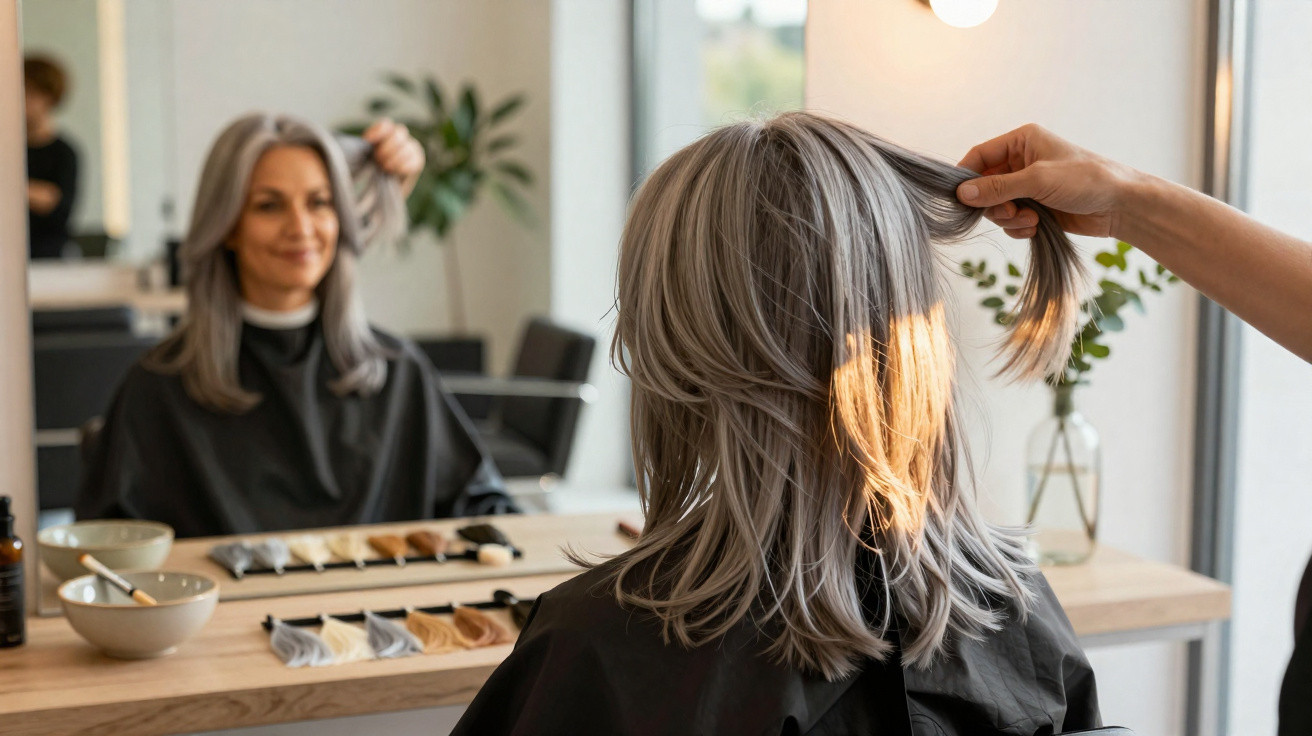 Frau mit grauem Haar sitzt im Friseursalon, Friseur hält eine Strähne zur Begutachtung hoch.