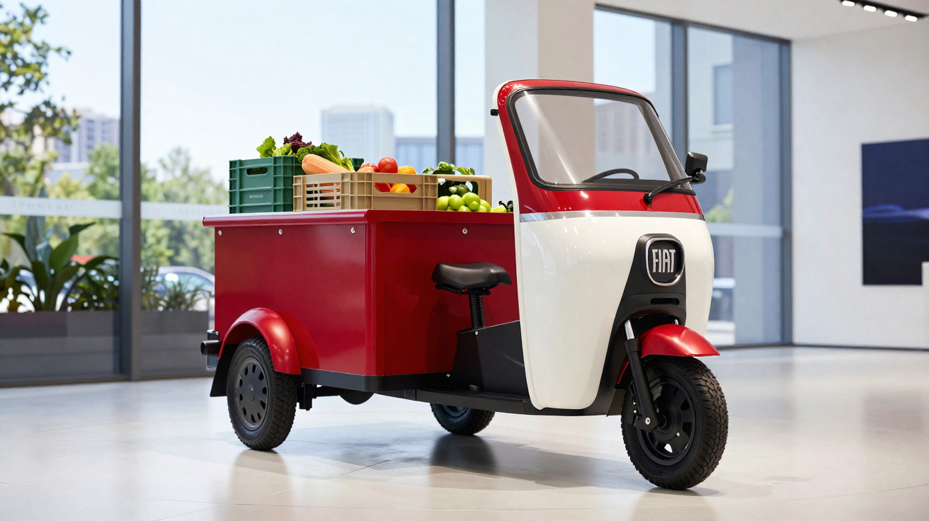 Rotes dreirädriges Elektrofahrzeug von Fiat mit frischem Obst und Gemüse beladen in modernem Raum.