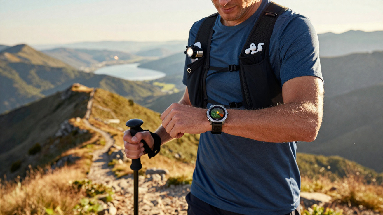 Mann mit Wanderstock und Smartwatch auf Bergpfad, Blick auf Uhr messend, Berglandschaft im Hintergrund.