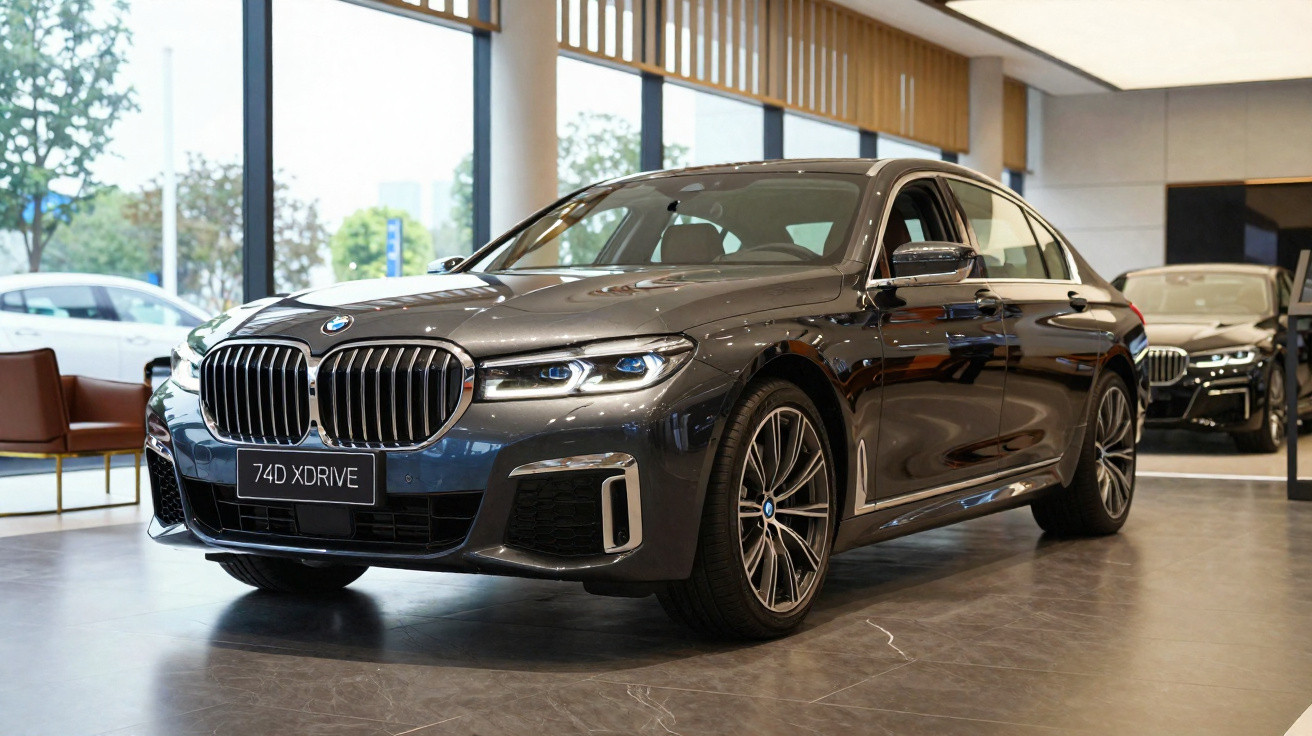 Schwarzer BMW 7er 74D XDrive in einem modernen Autohaus mit großen Fenstern und Stühlen.