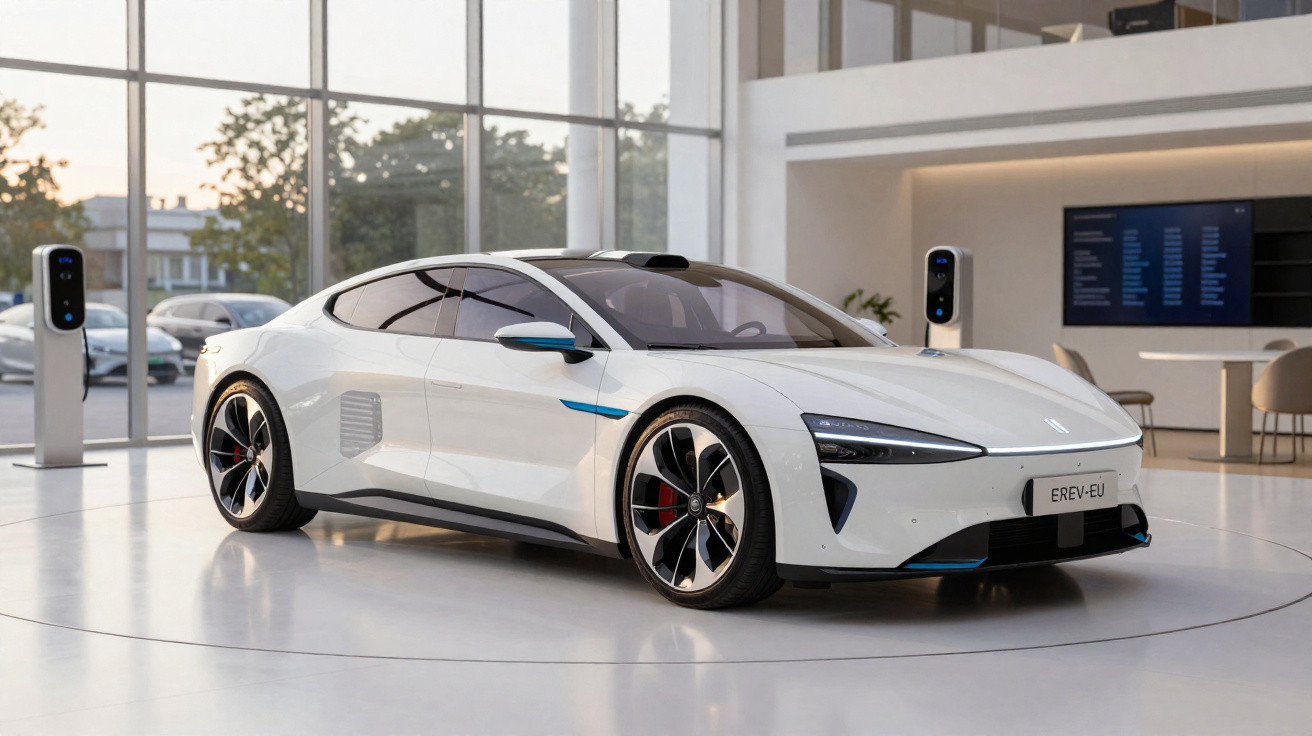 Weißes Elektroauto in modernem Autohaus mit großen Fenstern und Ladestationen.