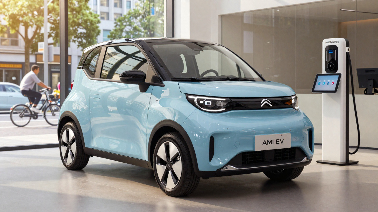 Blaues Citroën AMI Elektroauto in einem hellen Showroom neben Ladestation.