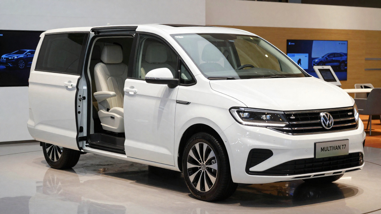 Weißer Volkswagen Multivan T7 mit geöffneter Schiebetür auf Autoausstellung.