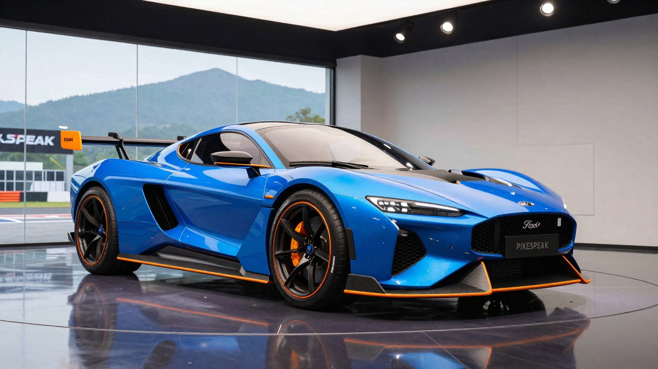 Blauer Ford Pikes Peak Supersportwagen mit schwarzen und orangen Akzenten in moderner Ausstellungshalle.