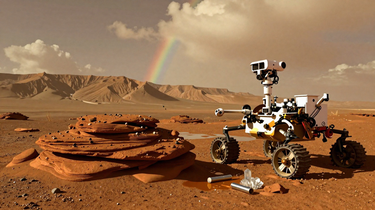 Marslandschaft mit Felsen, einem Forschungsrover und einem schwachen Regenbogen am Himmel.