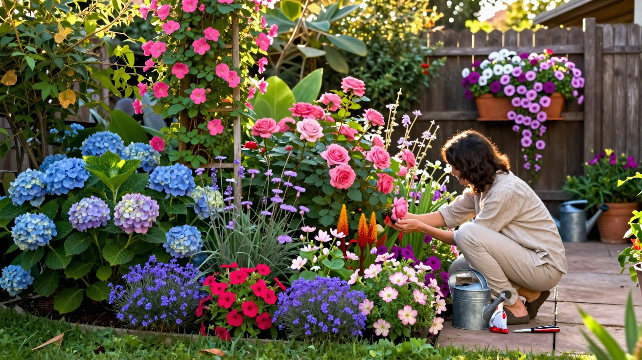 Frau gießt Blumen in einem bunten Blumenbeet mit Rosen, Hortensien und Petunien im Garten.