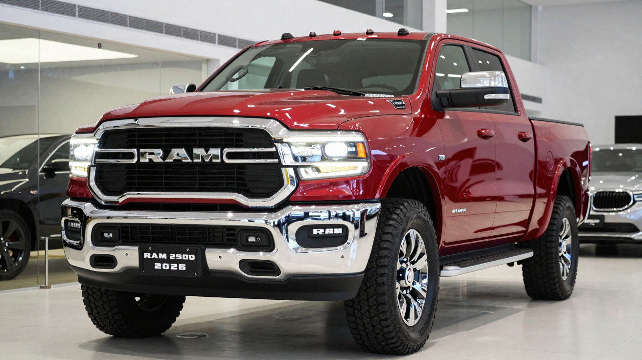 Roter RAM 2500 Pick-up Truck 2026 Modell im Innenraum eines Autohauses mit eingeschaltetem Licht.