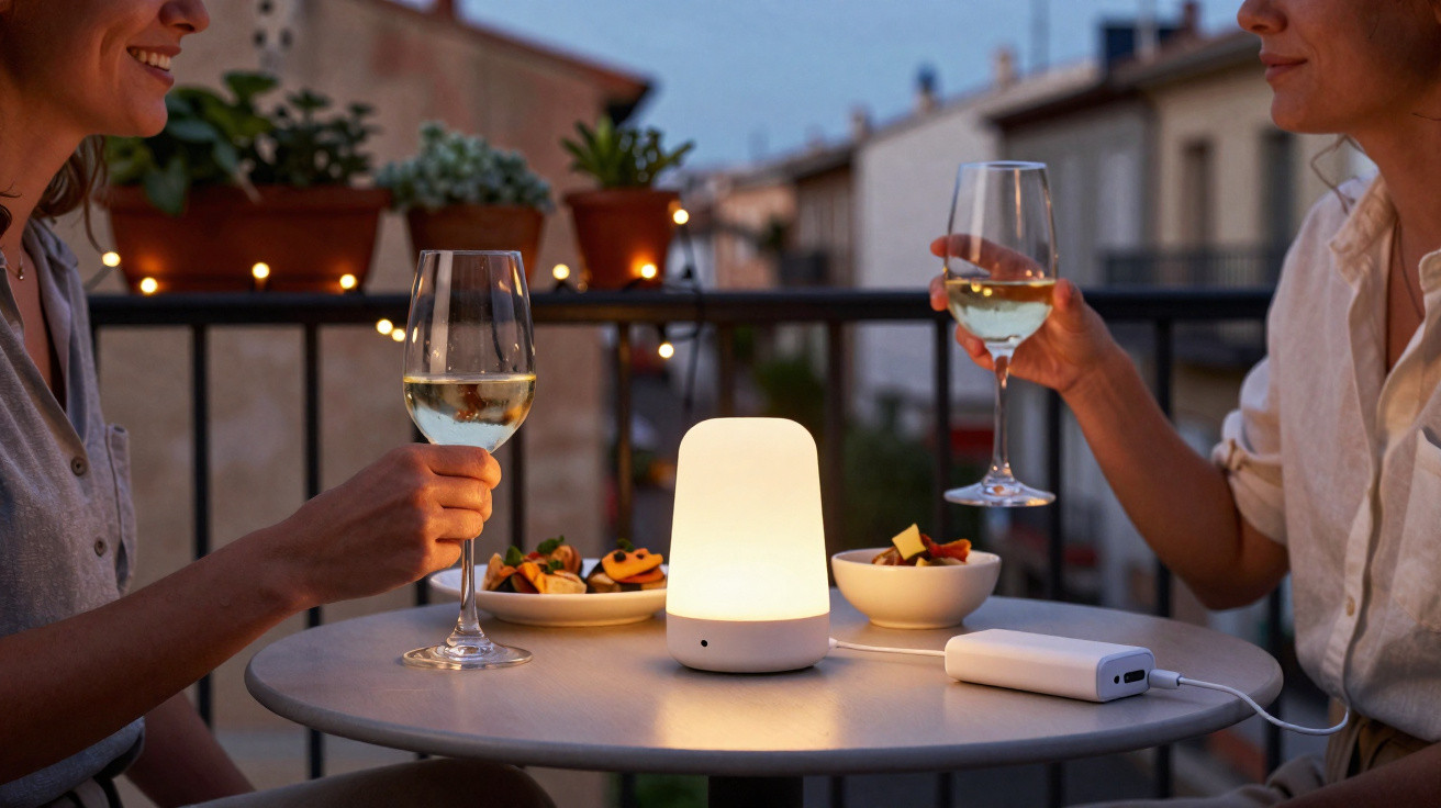 Zwei Personen trinken Wein auf Balkon mit Snacks und leuchtender Lampe am Abend.