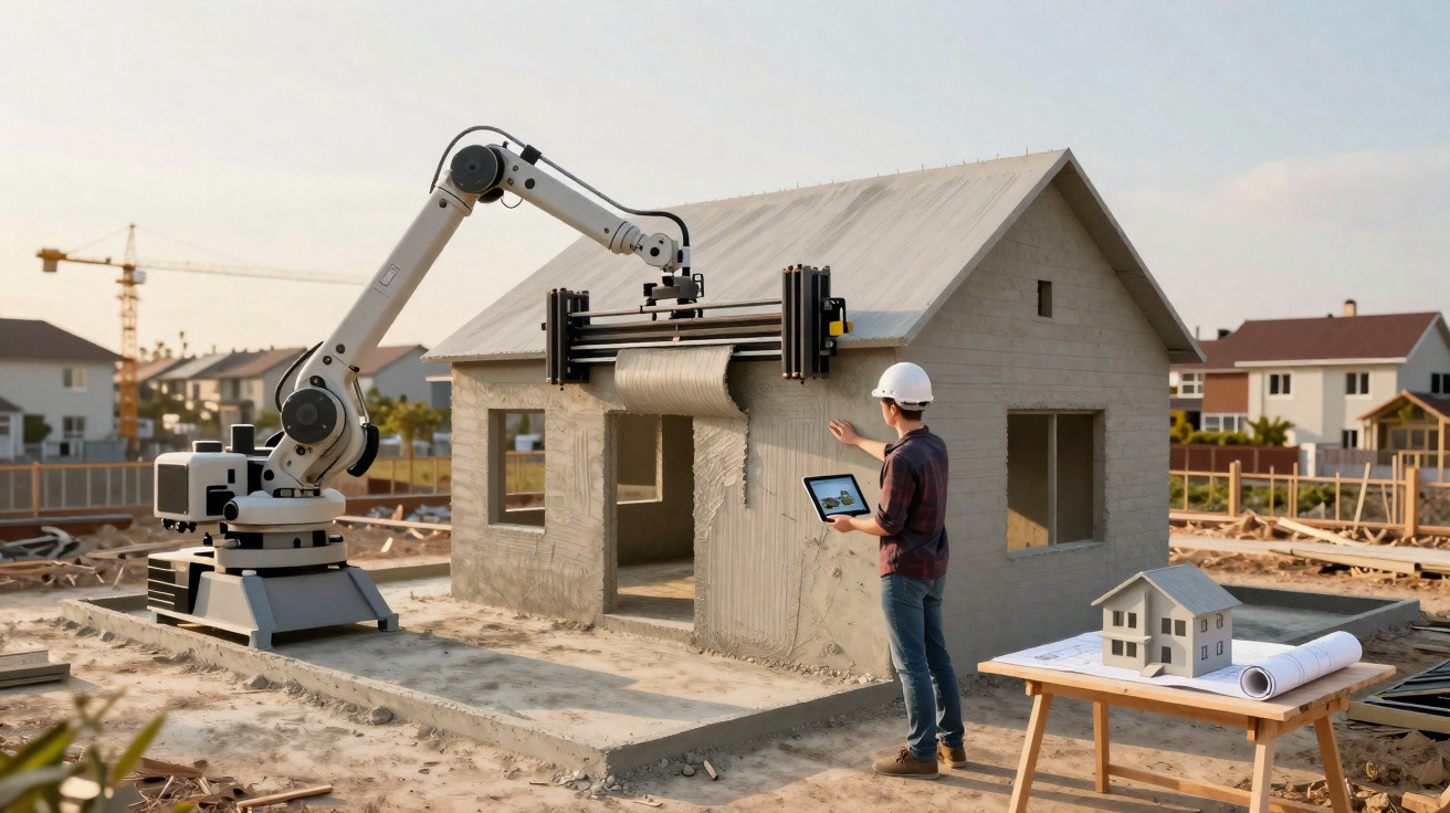 Roboterarm 3D-druckt ein Haus, ein Bauarbeiter überwacht den Prozess mit Tablet auf Baustelle.