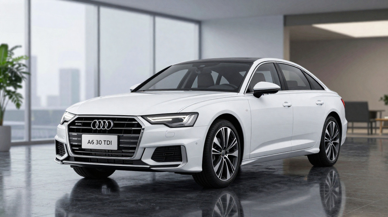 Weißer Audi A6 30 TDI Limousine steht in modernem, hellem Raum mit großen Fenstern.