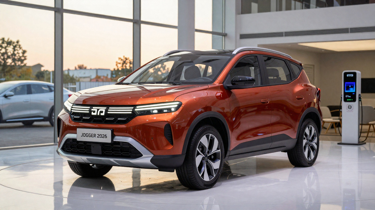 Oranger SUV Dacia Jogger 2026 in Ausstellung mit moderner Ladestation im Hintergrund